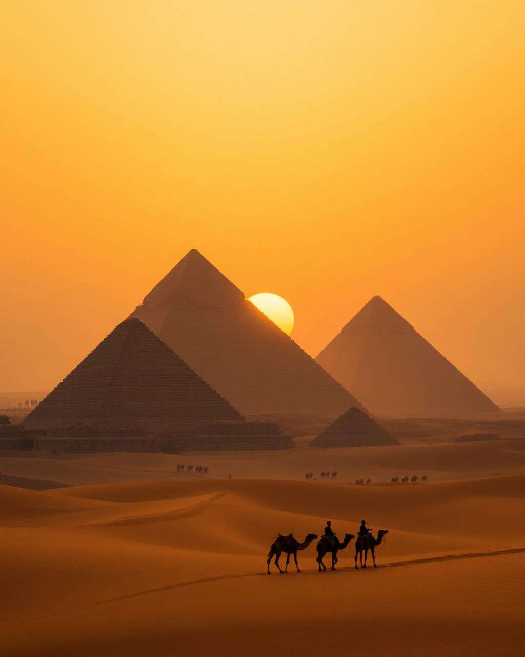 Pirâmides do Egito ao pôr do sol com caravanas de camelos cruzando o deserto
