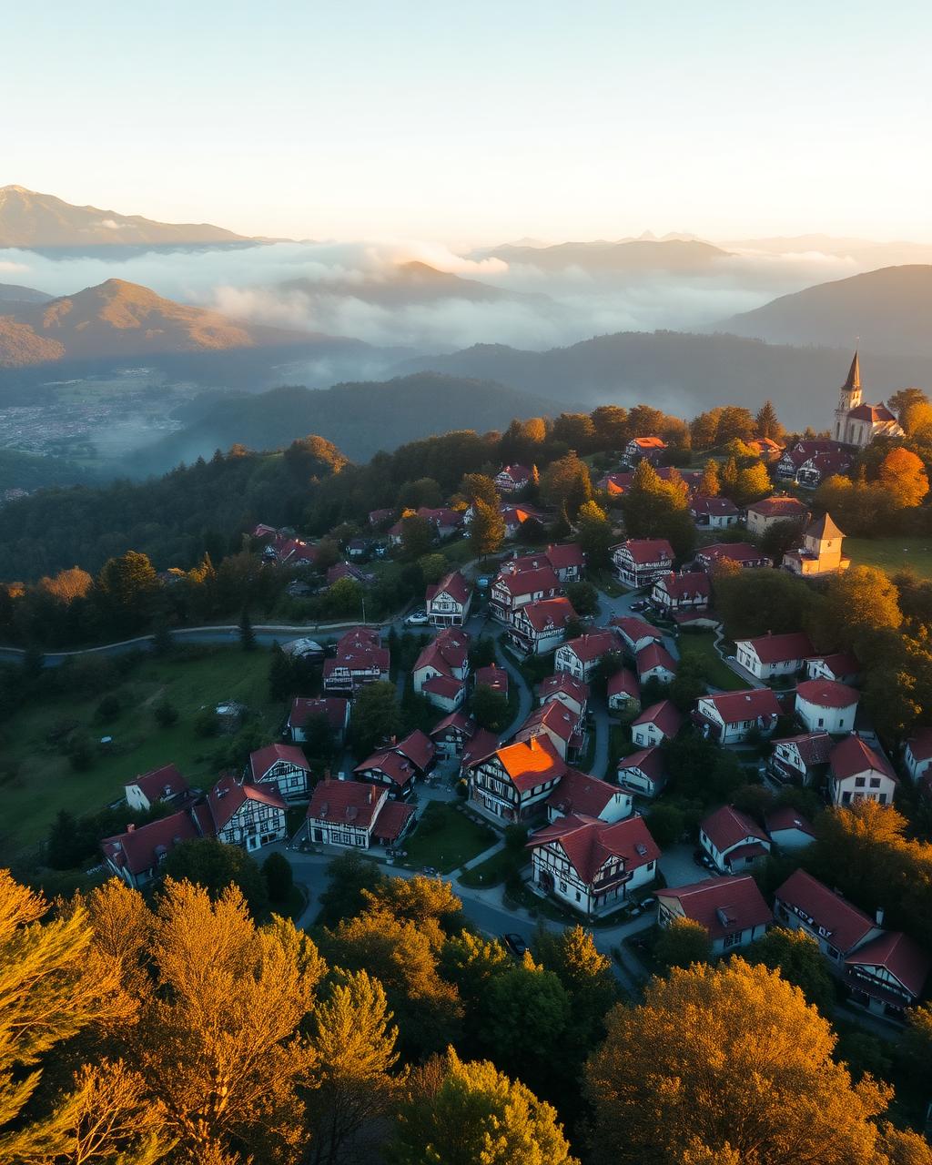 Vista aérea de Gramado ao amanhecer com casas de telhados vermelhos e montanhas ao fundo