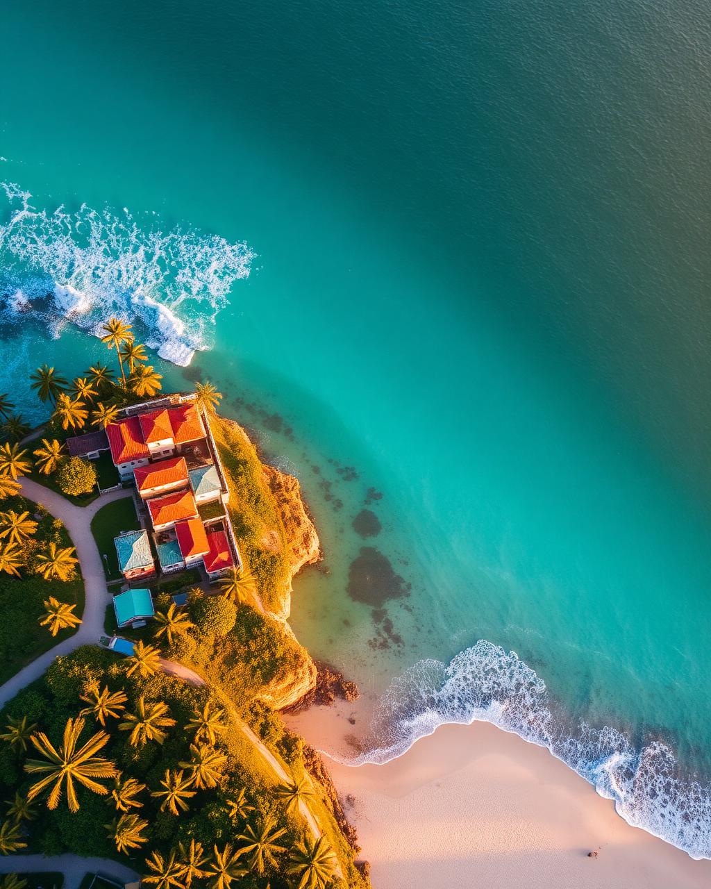 Vista aérea de Porto Seguro com mar turquesa, coqueiros e casas coloridas no penhasco