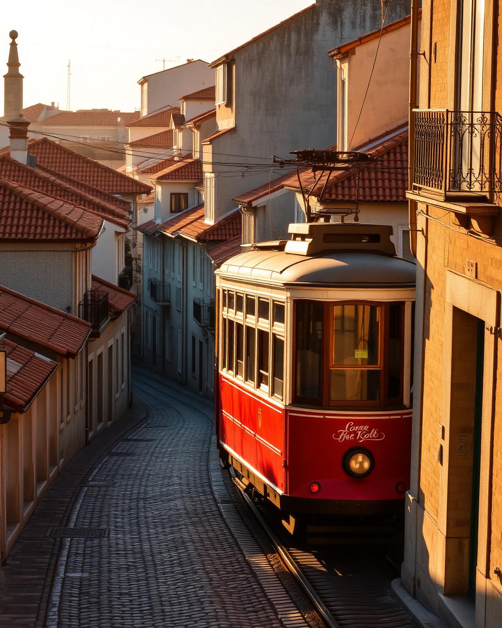 Rua de paralelepípedos em Portugal com elétrico vermelho e telhados de terracota ao entardecer
