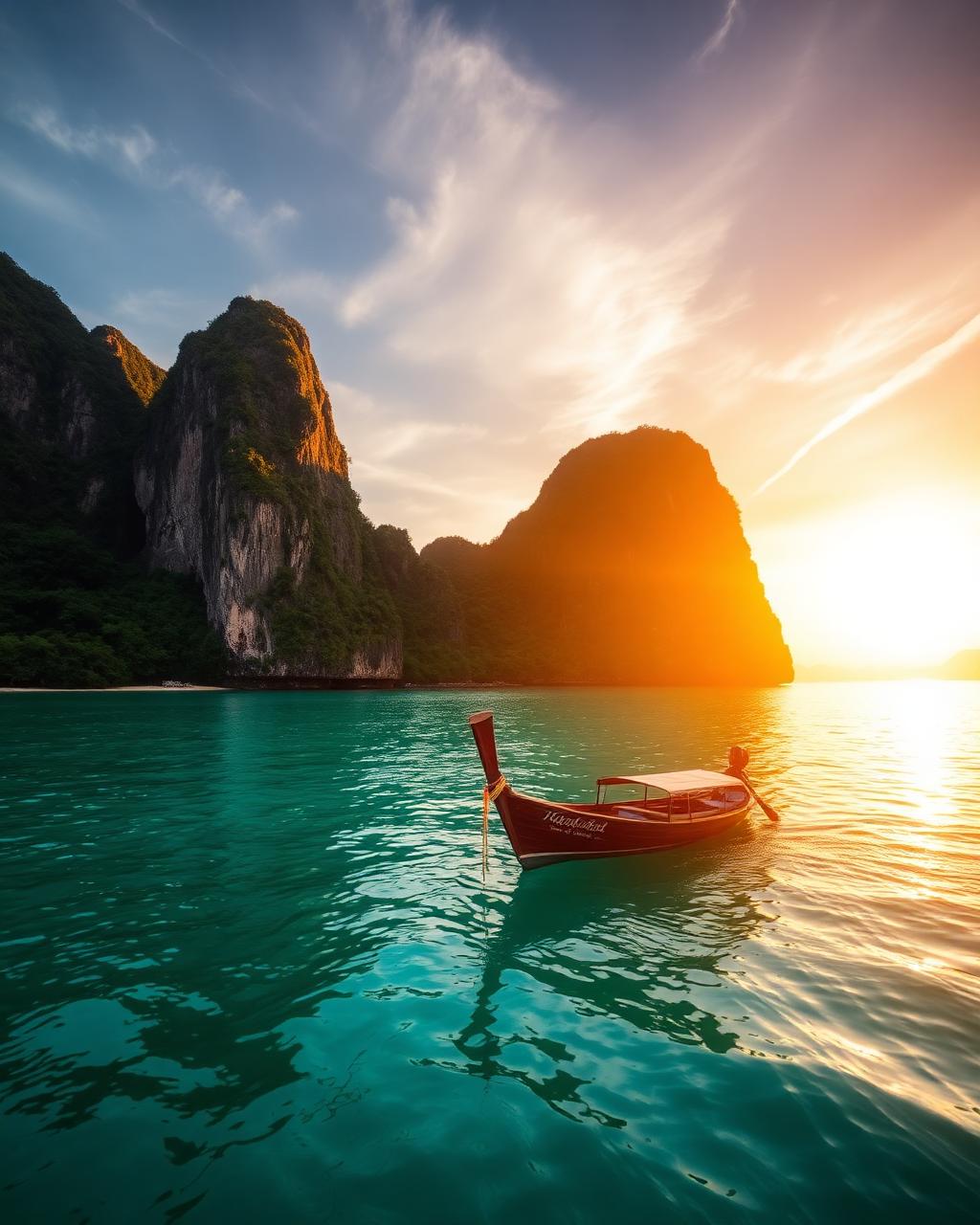Barco tailandês em águas esmeralda entre ilhas de calcário ao pôr do sol