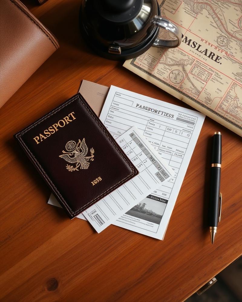 Passaporte de couro, cartão de embarque e mapa antigo sobre mesa de madeira