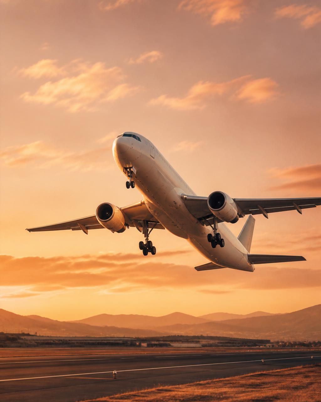 Avião comercial decolando ao pôr do sol em tons dourados